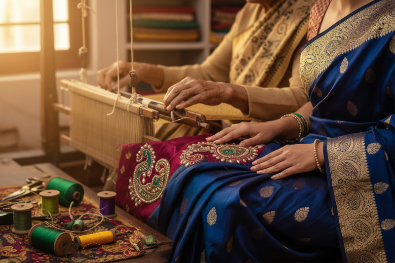 Person weaving fabric using a traditional loom with colorful threads and patterns.