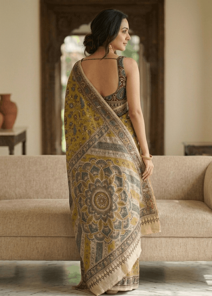 A woman smiling wearing the Mandira premium mustard gold cotton Kalamkari saree showcasing an intricate floral body and a large mandala motif pallu.