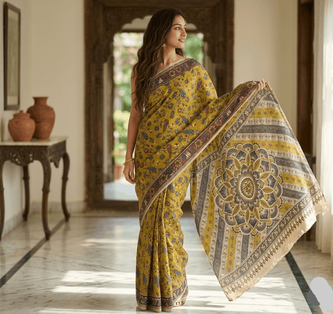 A woman smiling, wearing the Mandira premium mustard gold cotton Kalamkari saree showcasing an intricate floral body and a large mandala motif pallu.