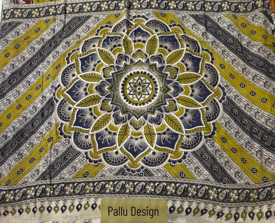  Mandira premium mustard gold cotton Kalamkari saree showcasing  a large mandala motif pallu.