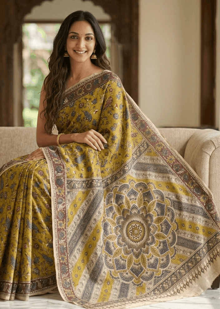A woman smiling while seated on a beige sofa, wearing the Mandira premium mustard gold cotton Kalamkari saree showcasing an intricate floral body and a large mandala motif pallu.