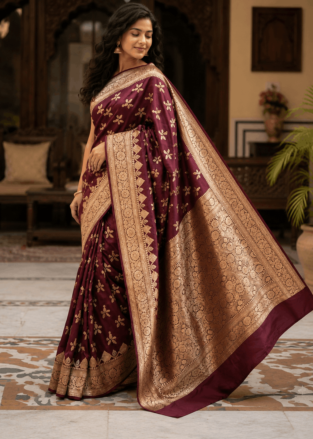 Deep maroon handwoven Banarasi silk saree with gold zari floral booti motifs and intricate woven border, draped on model