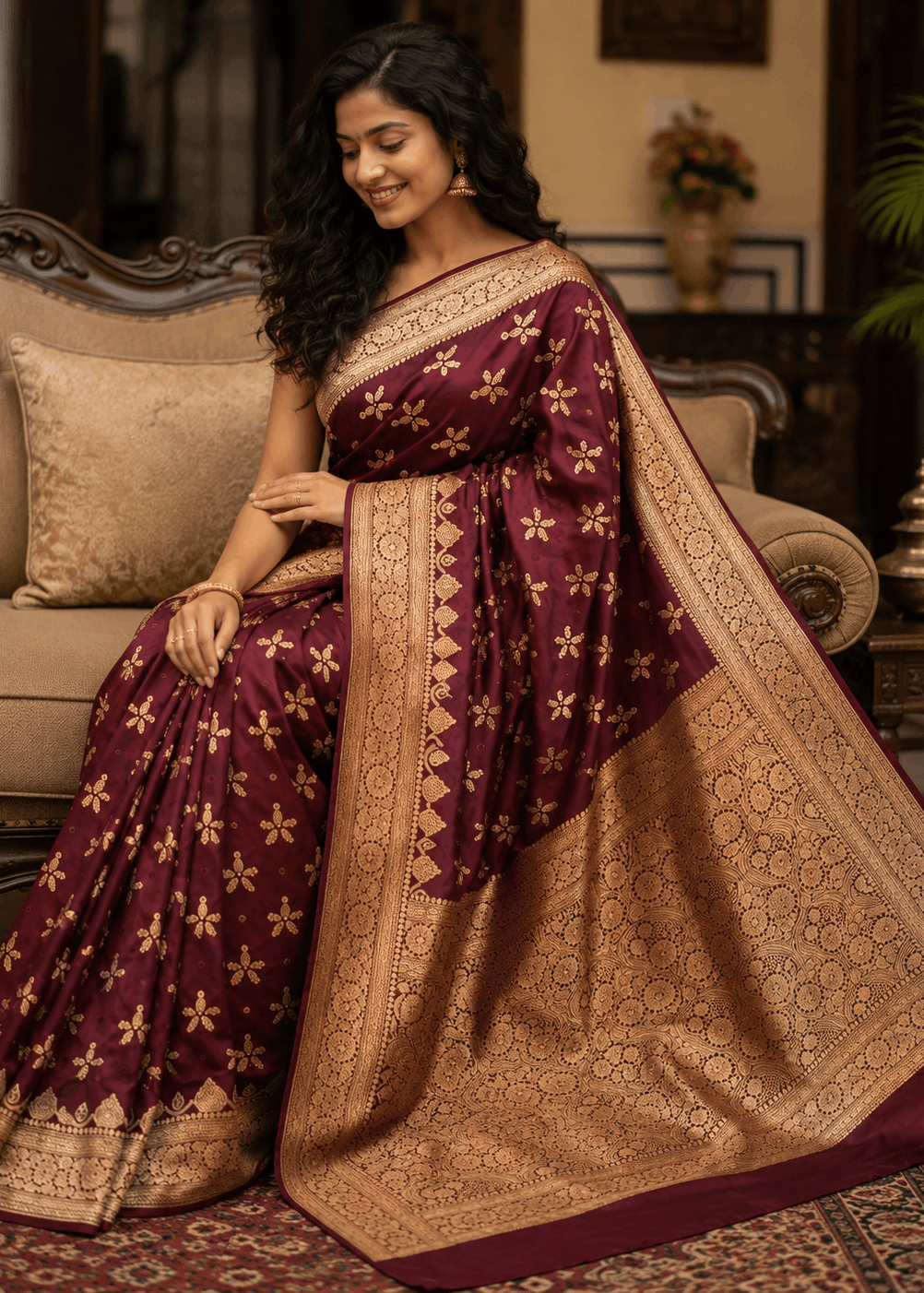 Deep maroon handwoven Banarasi silk saree with gold zari floral booti motifs and intricate woven border, draped on model