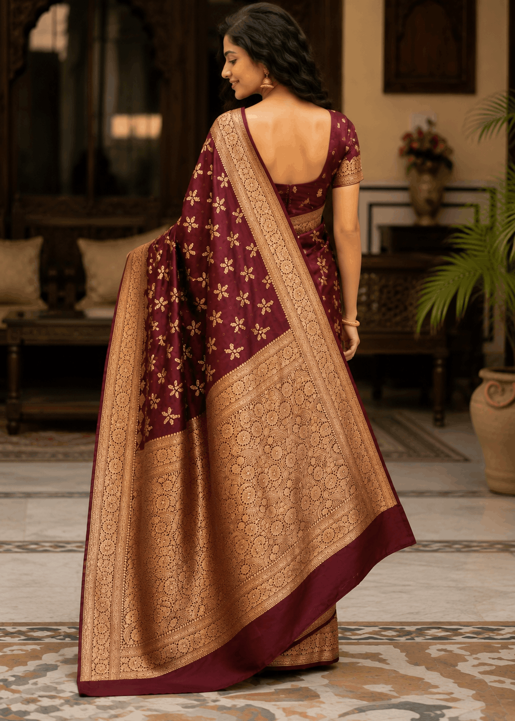 Deep maroon handwoven Banarasi silk saree with gold zari floral booti motifs and intricate woven border, draped on model