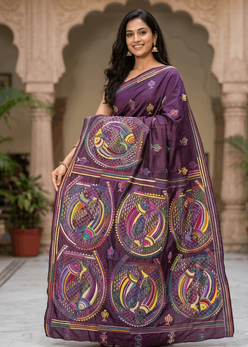 Plum Kantha saree with multicoloured fish motifs and handcrafted embroidery 