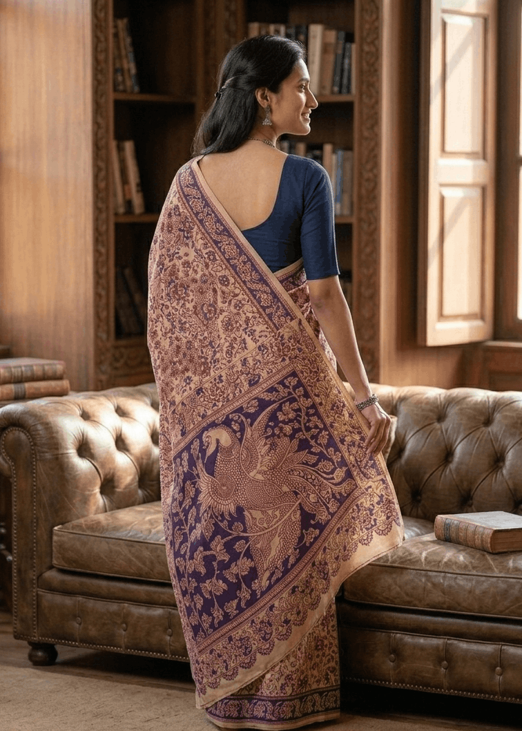 A smiling woman showcasing the Mayur premium cotton Kalamkari saree with an intricate cream and rust floral body and a bold indigo blue peacock pallu