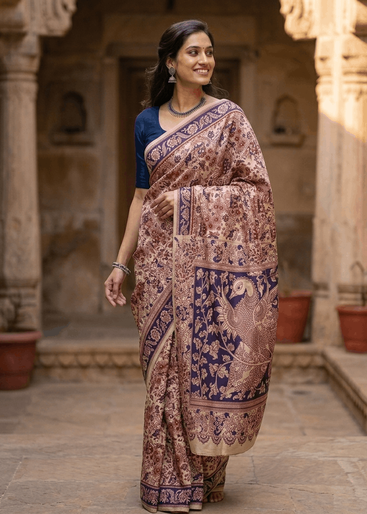A smiling woman  showcasing the Mayur premium cotton Kalamkari saree with an intricate cream and rust floral body and a bold indigo blue peacock pallu