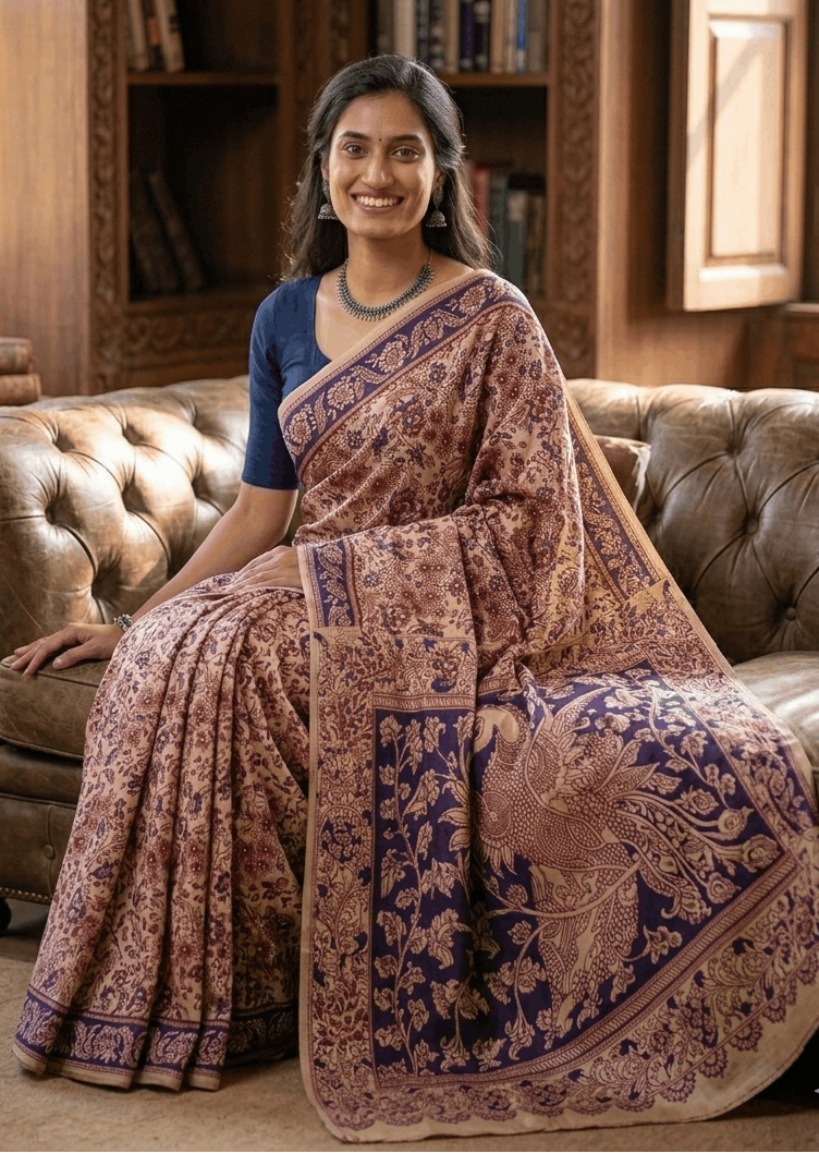 A smiling woman showcasing the Mayur premium cotton Kalamkari saree with an intricate cream and rust floral body and a bold indigo blue peacock pallu