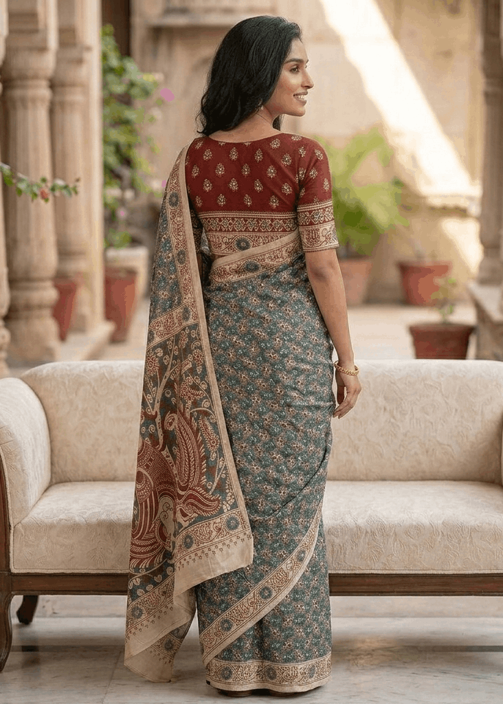 A woman  wearing a premium teal-green and rust-red cotton Kalamkari saree with a detailed peacock and tree-of-life motif pallu.