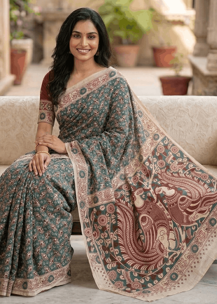 A woman seated on a white sofa wearing a premium teal-green and rust-red cotton Kalamkari saree with a detailed peacock and tree-of-life motif pallu.
