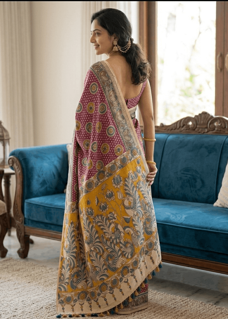 A woman smiling while wearing the Mayurika premium magenta pink cotton Kalamkari saree featuring a contrasting mustard yellow pallu with traditional peacock and lotus motifs