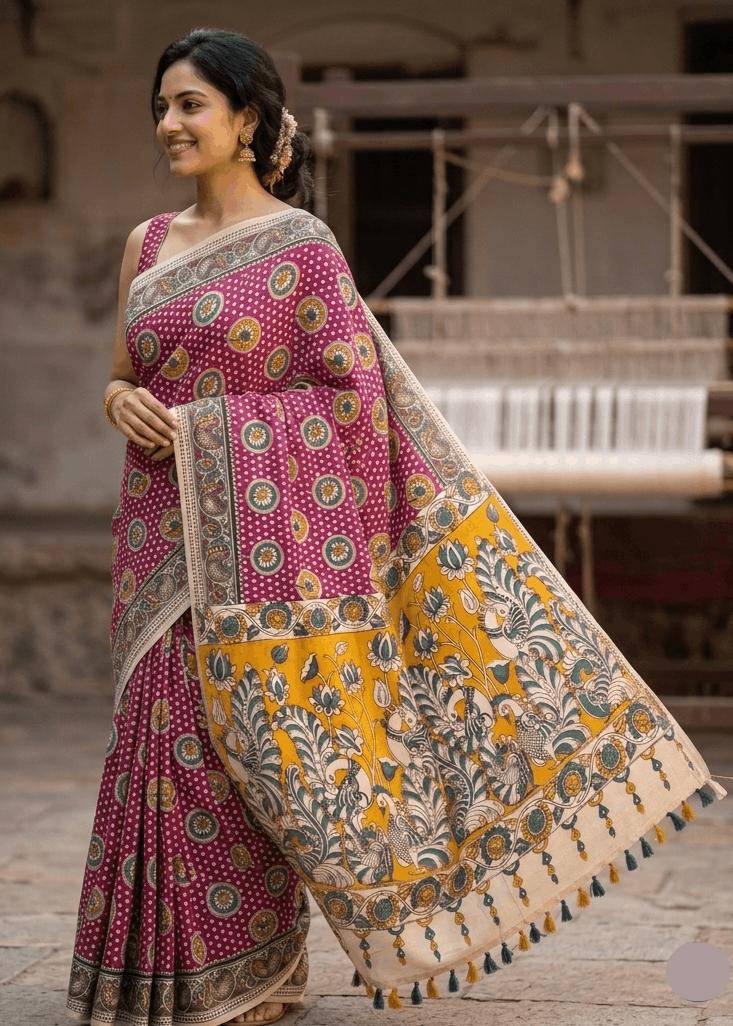 A woman smiling while wearing the Mayurika premium magenta pink cotton Kalamkari saree featuring a contrasting mustard yellow pallu with traditional peacock and lotus motifs
