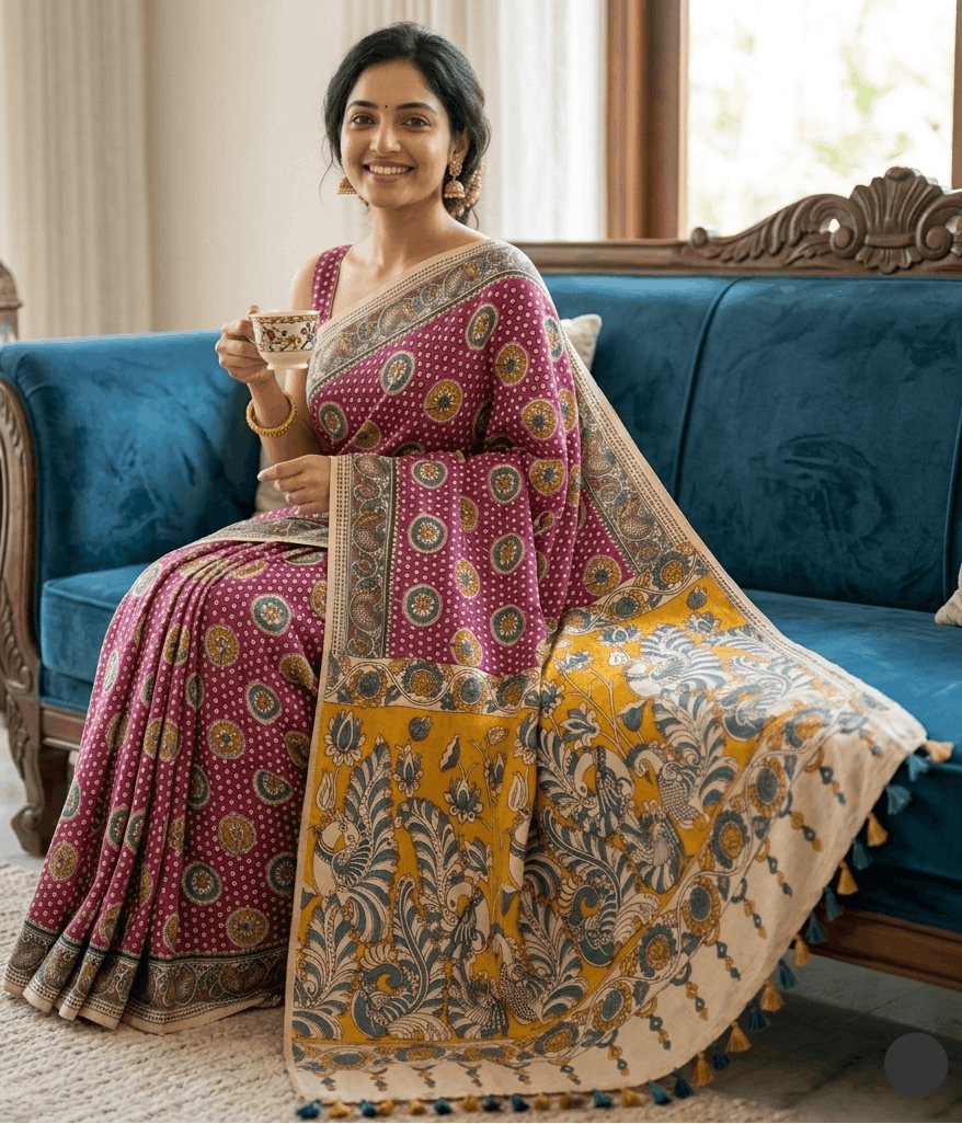 A woman smiling sitting on a sofa while wearing the Mayurika premium magenta pink cotton Kalamkari saree featuring a contrasting mustard yellow pallu with traditional peacock and lotus motifs