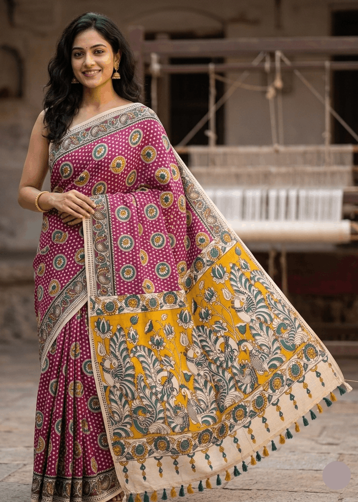 A woman smiling while wearing the Mayurika premium magenta pink cotton Kalamkari saree featuring a contrasting mustard yellow pallu with traditional peacock and lotus motifs