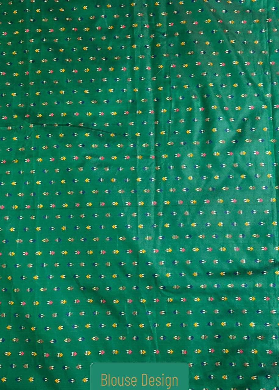 Green silk bouse for Baluchari Saree with small pattern and 'Blouse Design' label