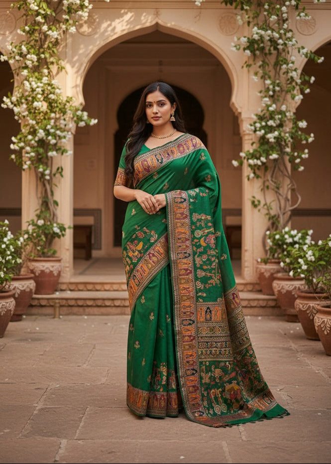 Woman in a green saree with intricate patterns standing in an outdoor setting with arches and plants.