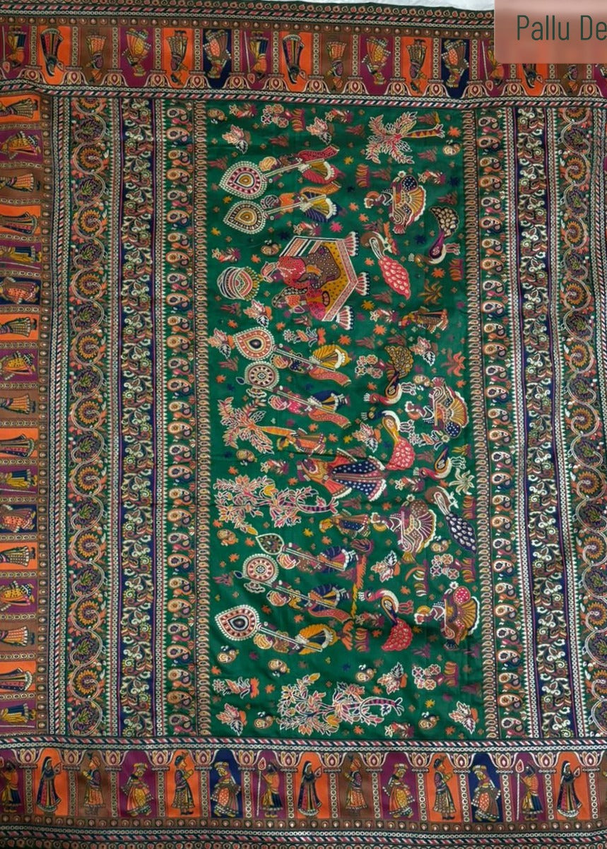 Colorful traditional Baluchari Saree pallu with intricate patterns and characters on a green background