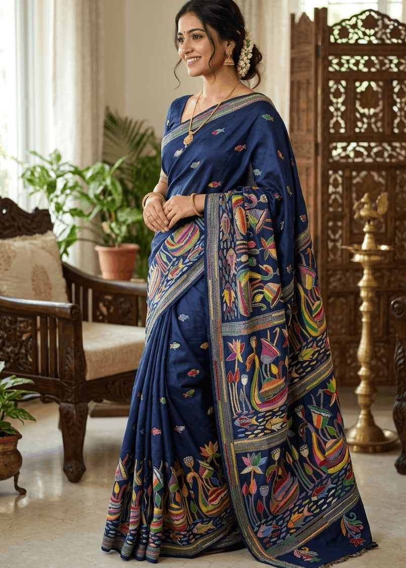 Elegant royal-blue MeghMalhar Kantha Saree featuring intricate multicolour handcrafted floral and folk-art embroidery with artistic pallu detailing. Premium Bengal handloom saree ideal for festive wear, cultural occasions, office elegance, and timeless ethnic fashion.