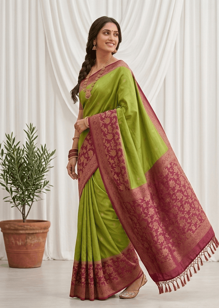 Woman wearing a mehendi green silk saree with a rich magenta floral zari jaal pallu and tassels