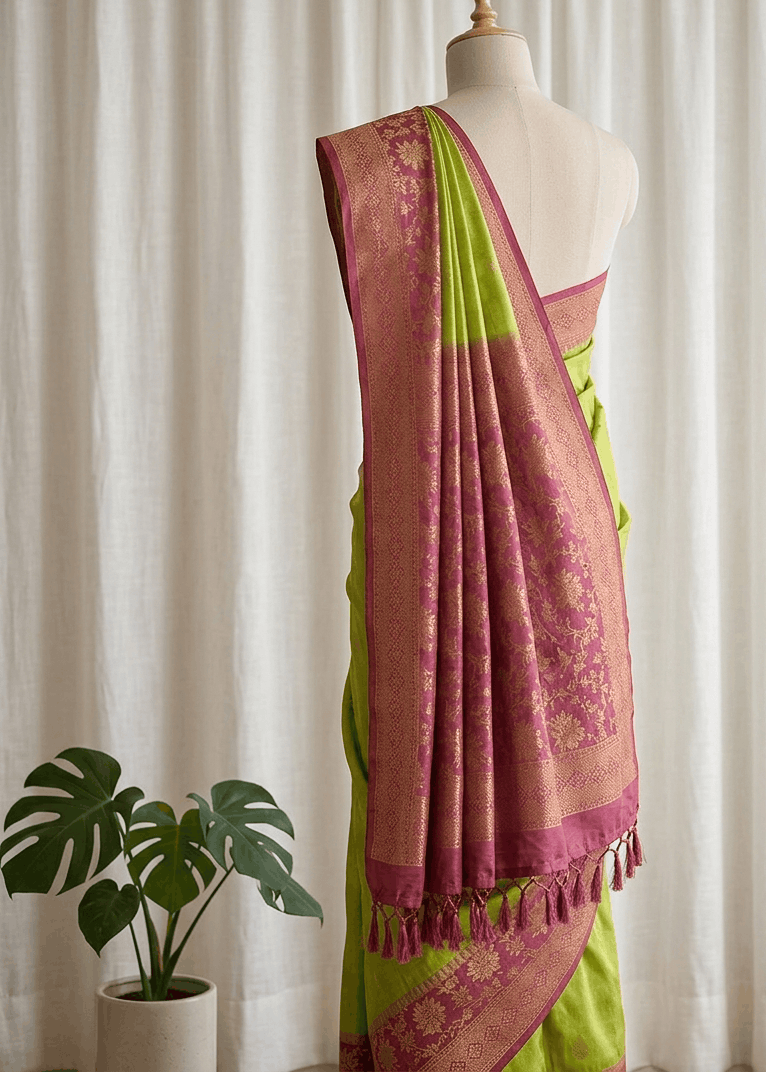 A lime green and dusty pink saree with gold zari embroidery draped on a cream-colored mannequin, set against a soft white curtain backdrop with a potted plant in the corner.