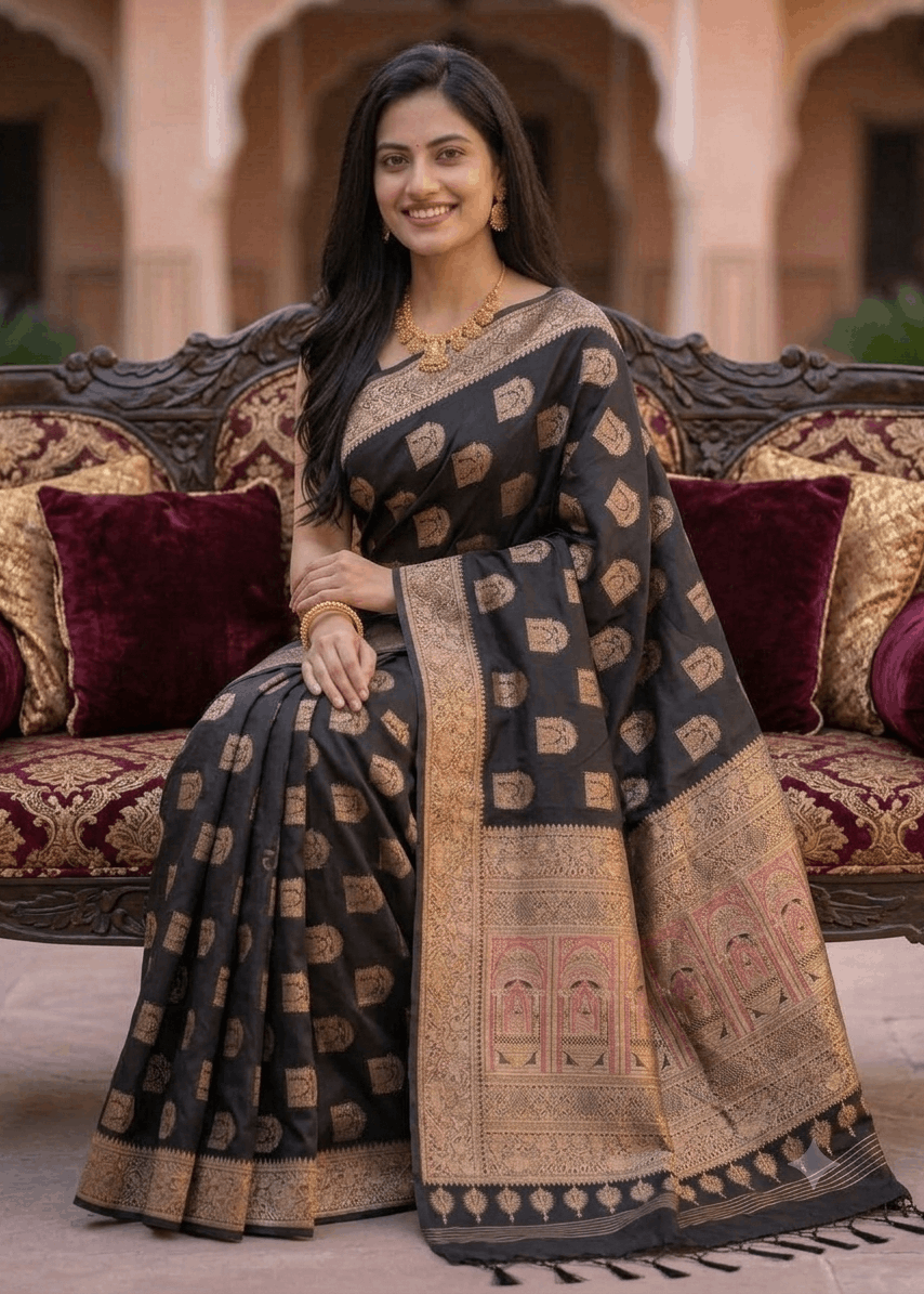 A woman wearing a black and gold Baluchari silk saree sits on an ornate carved sofa with deep red velvet cushions in front of a traditional stone building with arches.