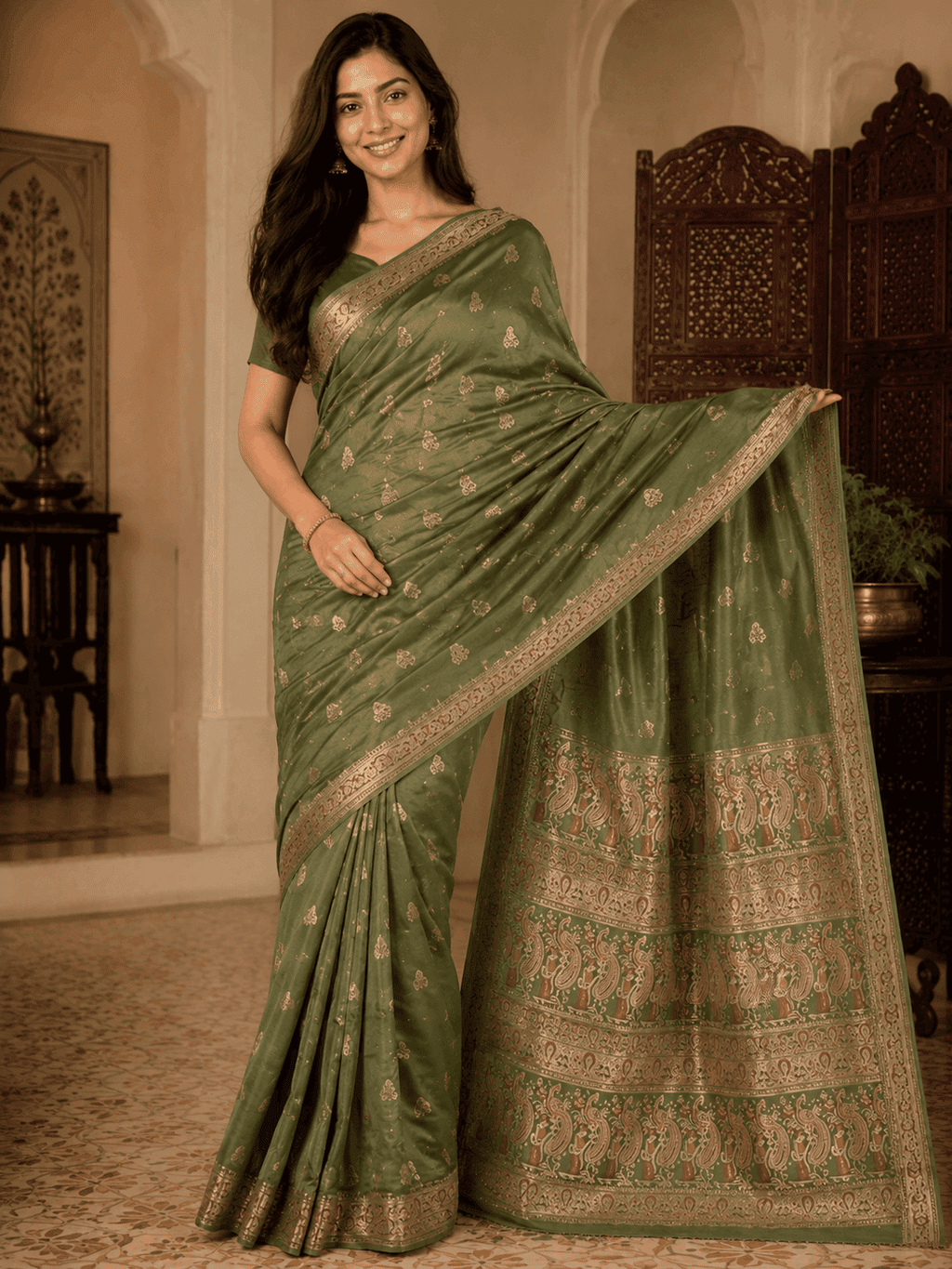 Full-length view of a woman wearing an imperial moss green Baluchari silk saree with delicate gold small buti motifs, a rich gold border, and a lavishly woven pallu depicting classic mythological figures and intricate royal patterns
