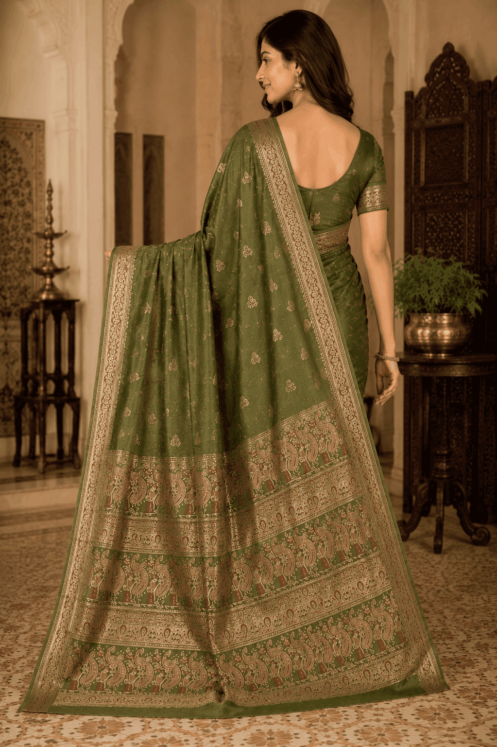 Full-length view of a woman wearing an imperial moss green Baluchari silk saree with delicate gold small buti motifs, a rich gold border, and a lavishly woven pallu depicting classic mythological figures and intricate royal patterns