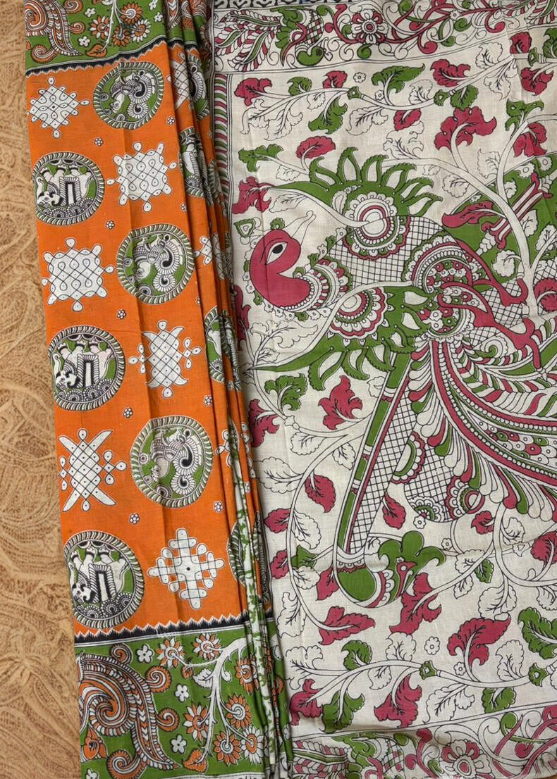 Orange Body pattern and Peacock Pallu Design of Kalamkari Saree