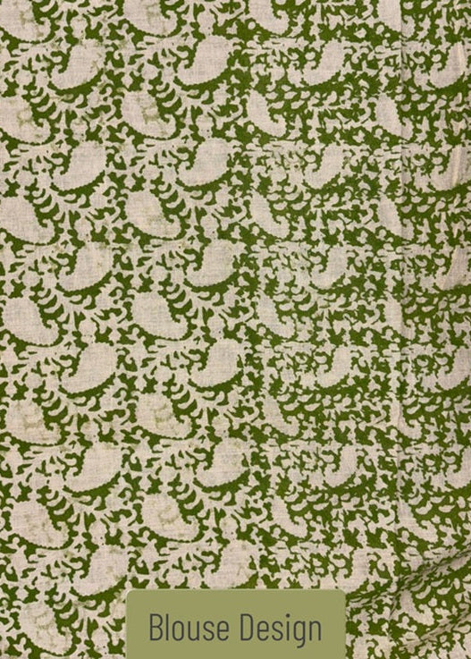 Green Blouse design with white floral pattern for Kalamkari Saree and 'Blouse Design' text