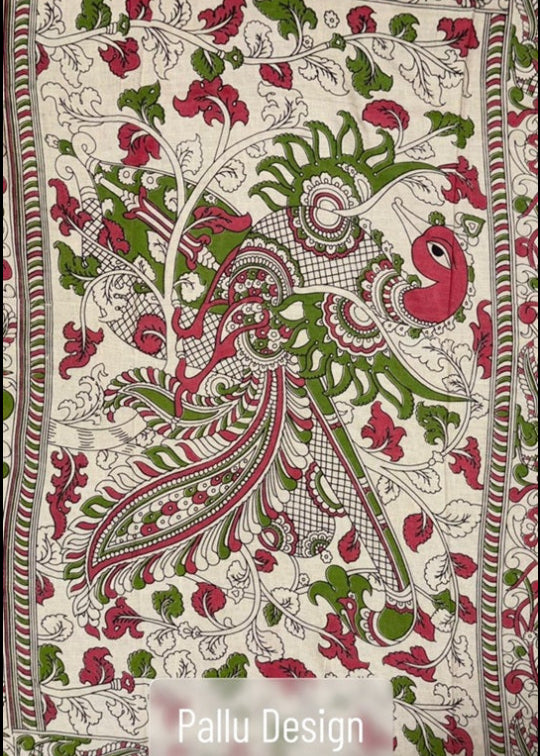Decorative Kalamkari Saree with peacock design Pallu and 'Pallu Design' branding