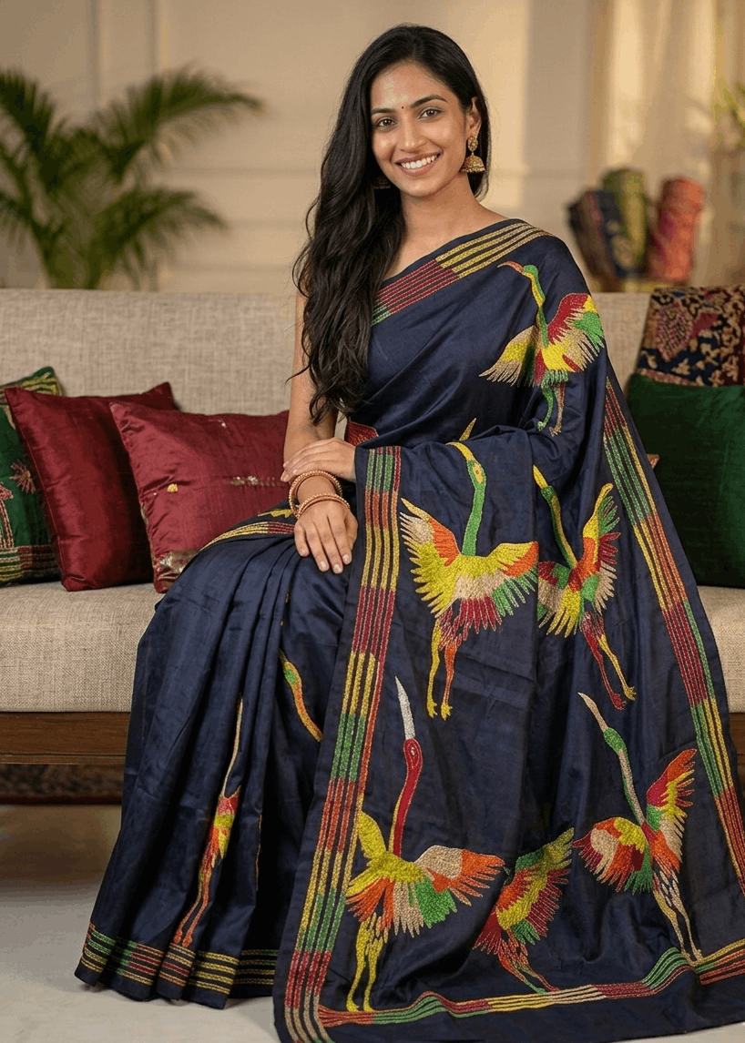 Woman wearing Neel Udaan Kantha saree with crane motifs and striped border 