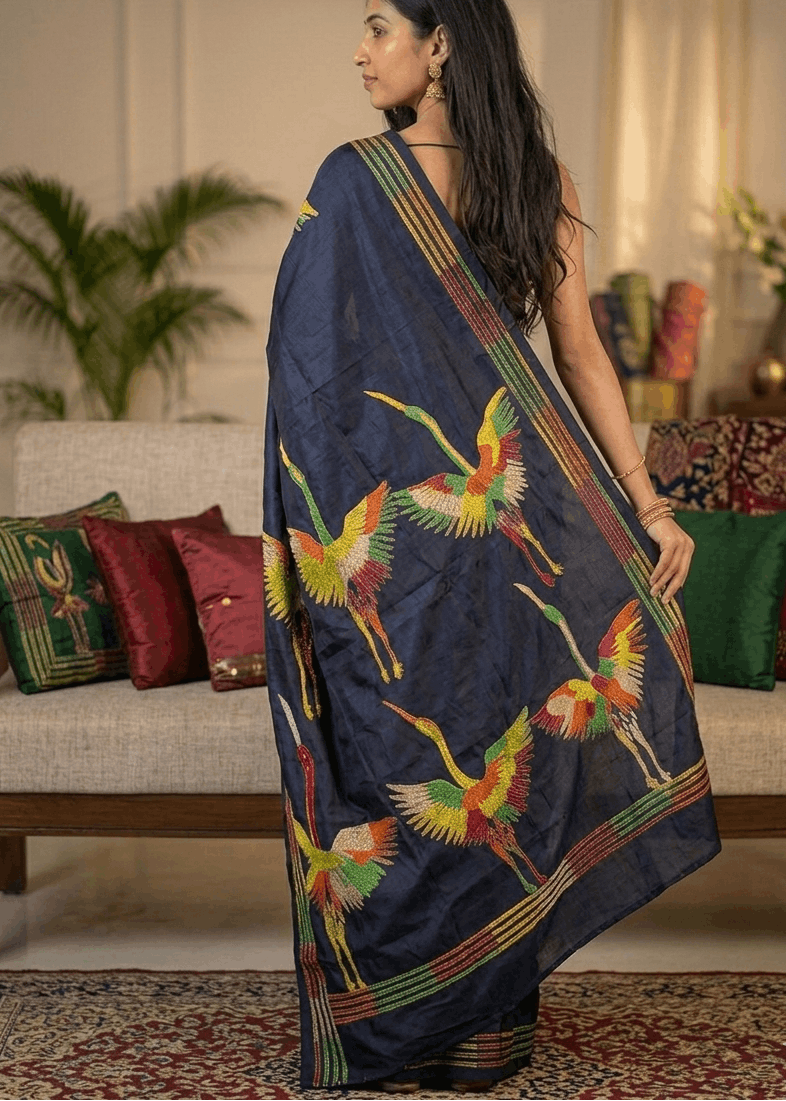 Handloom Kantha saree from West Bengal with multicolour bird threadwork 