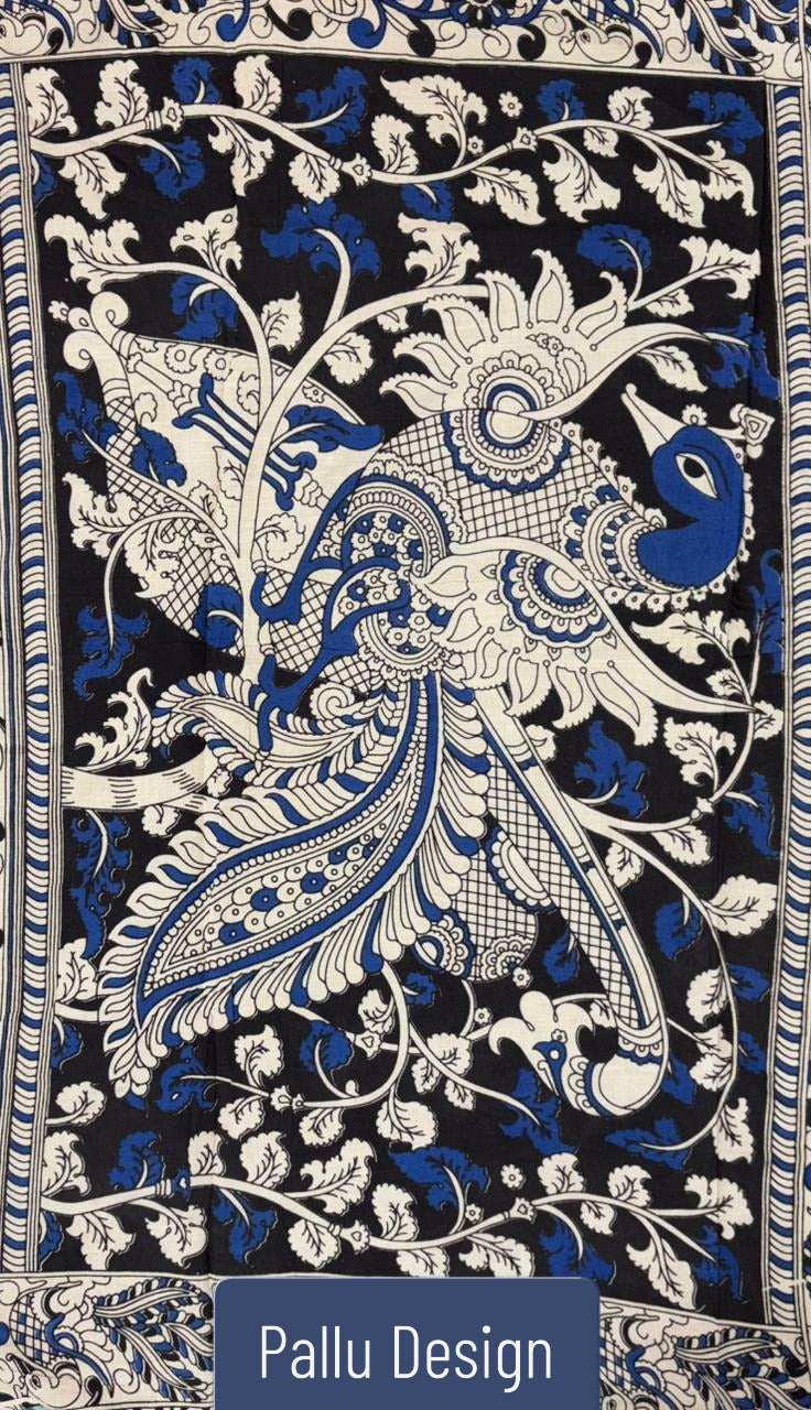 Indigo Kalamkari saree pallu design featuring peacock and floral vine motifs in blue and white, traditional handcrafted ethnic textile art