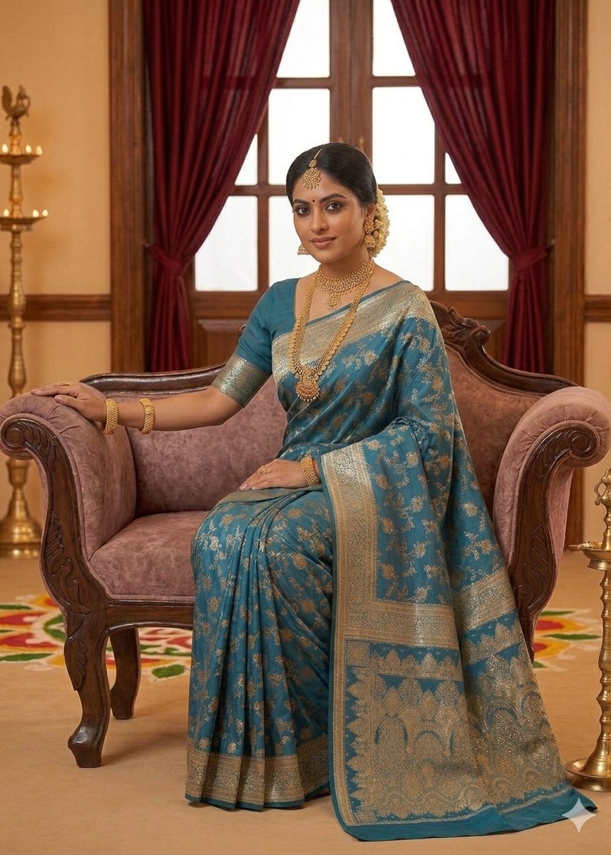 Woman in a beautiful Teal blue Banarasi Silk saree with gold Zari patterns in a decorated indoor traditional gathering setting