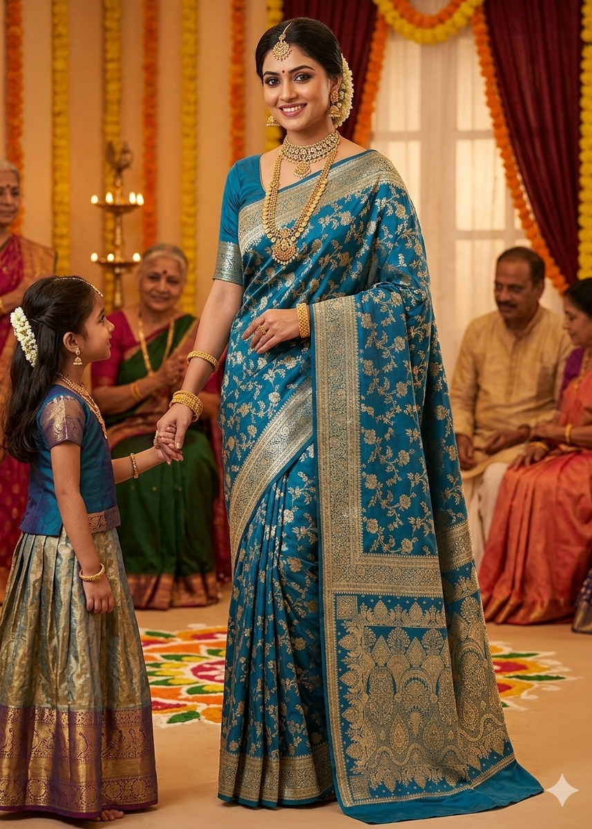 Woman in a beautiful Teal blue Banarasi Silk saree with gold Zari patterns in a decorated indoor traditional gathering setting