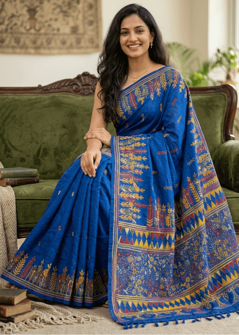 NeelVarnika Kantha Stitch Saree in royal blue cotton silk blend with vibrant handcrafted multicolor embroidery, artistic pallu detailing, and Bengal handloom craftsmanship ideal for festive and contemporary ethnic wear.