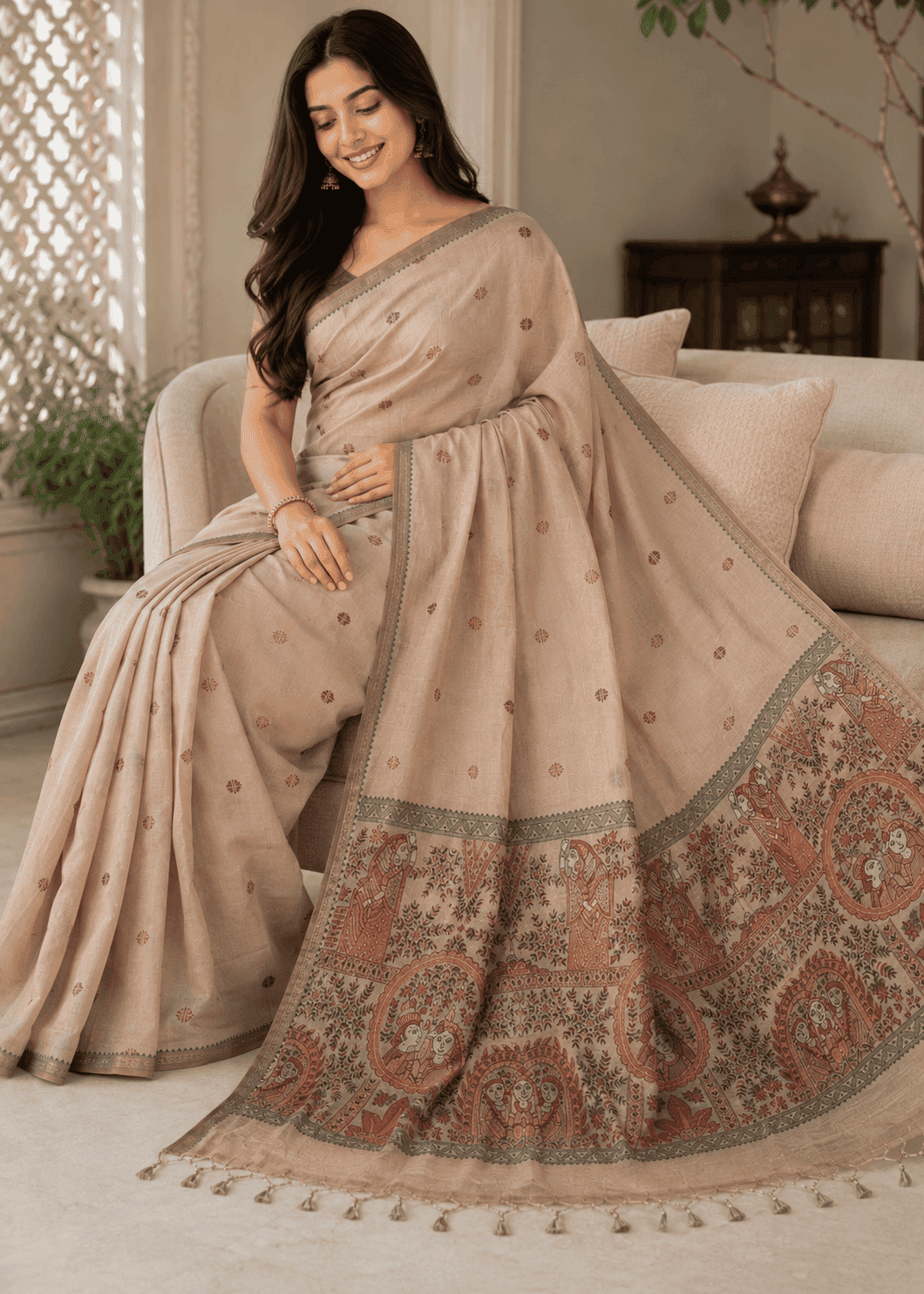 Full-length view of a woman elegantly posing in a lightweight, sandstone-beige Baluchari silk saree. The saree features delicate, small 'buti' motifs on the main body and an intricate, contrasting maroon and beige pallu with traditional mythological figures and narrative scenes. The style is classic and refined, perfect for festive or heritage wear