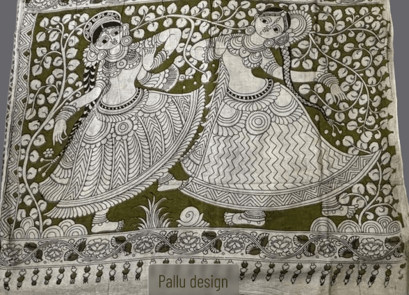 a premium olive green and cream cotton Kalamkari saree with intricate geometric borders and a detailed figurative pallu depicting traditional dancers.