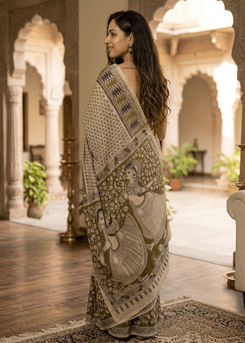 A woman wearing a premium olive green and cream cotton Kalamkari saree with intricate geometric borders and a detailed figurative pallu depicting traditional dancers.