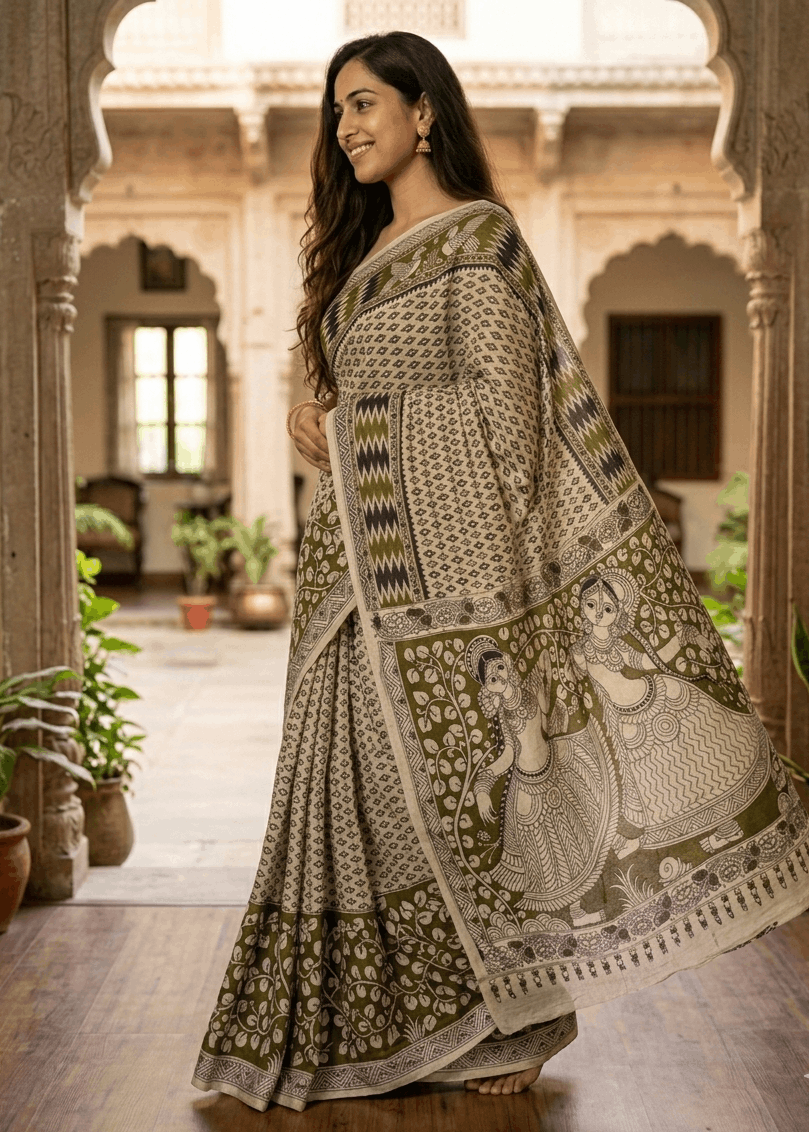 A woman wearing a premium olive green and cream cotton Kalamkari saree with intricate geometric borders and a detailed figurative pallu depicting traditional dancers.