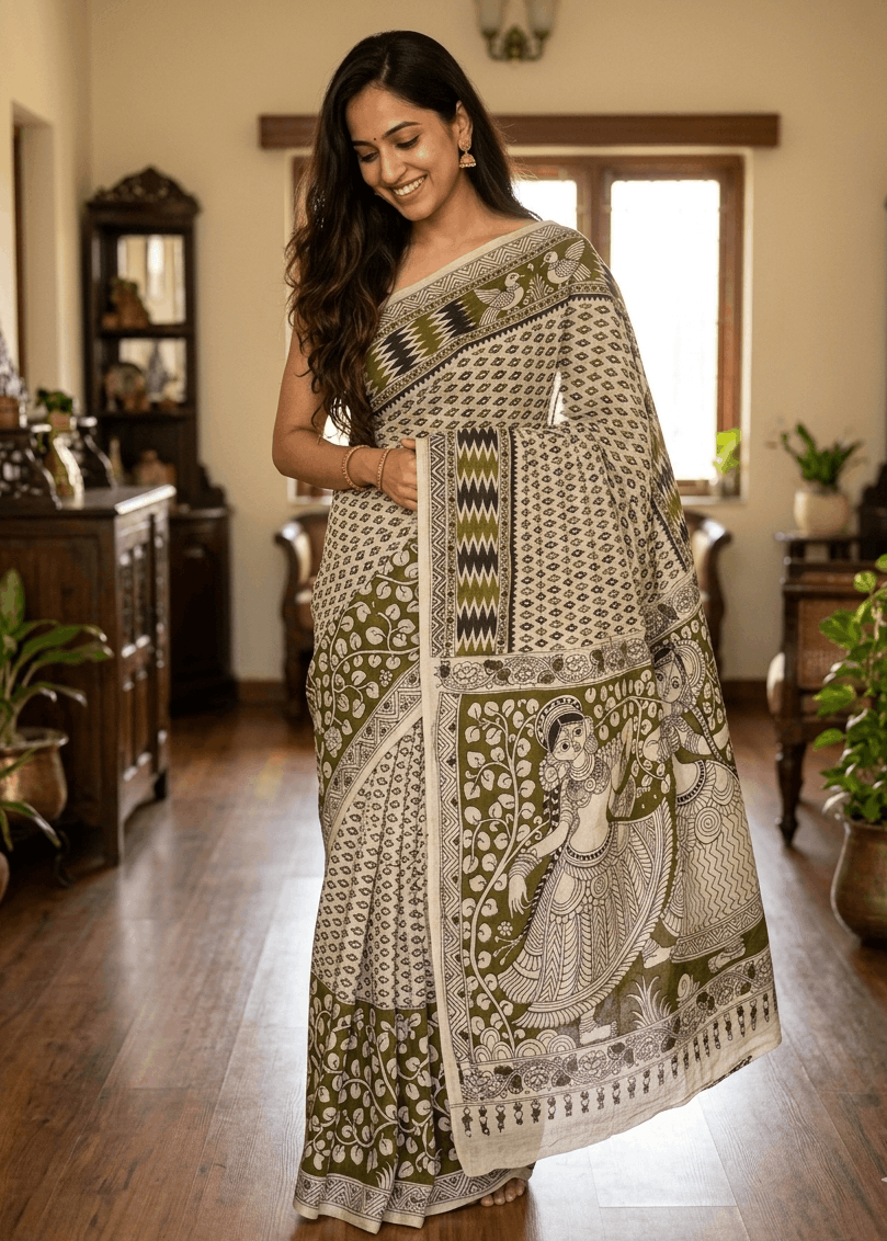 A woman wearing a premium olive green and cream cotton Kalamkari saree with intricate geometric borders and a detailed figurative pallu depicting traditional dancers.