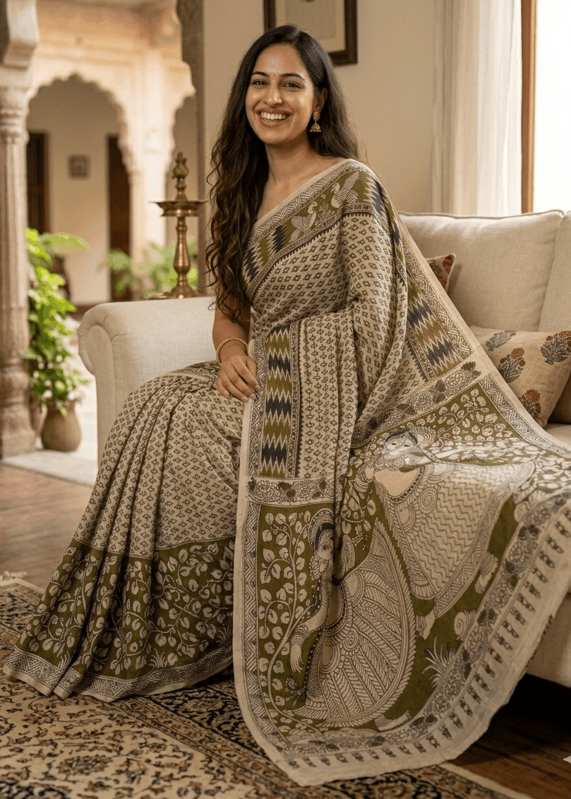 A woman sitting on a sofa wearing a premium olive green and cream cotton Kalamkari saree with intricate geometric borders and a detailed figurative pallu depicting traditional dancers