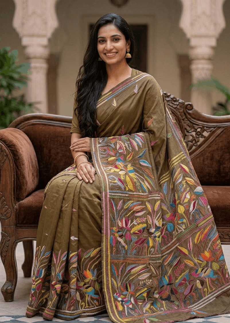 Artistic olive saree with intricate Kantha embroidery and detailed pallu 