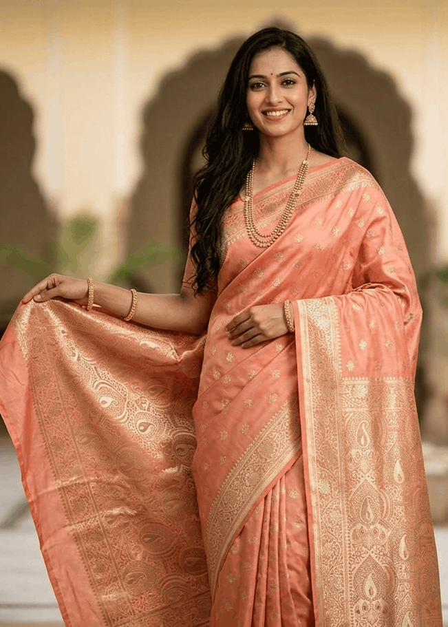 Woman wearing peach Banarasi silk saree with gold paisley pallu for wedding occasion