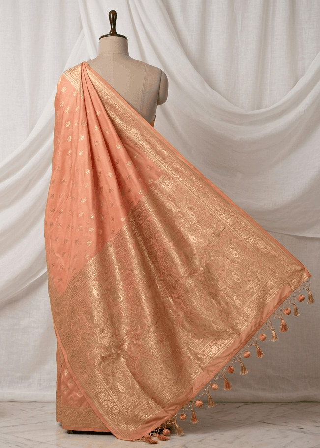 Peach and gold Banarasi saree pallu edge