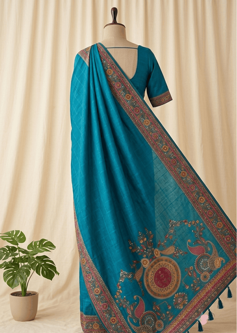 A teal blue saree with intricate multicolor Mandala embroidery and a matching embroidered blouse displayed on a mannequin, set against a cream-colored curtain backdrop with a small potted plant on the left.