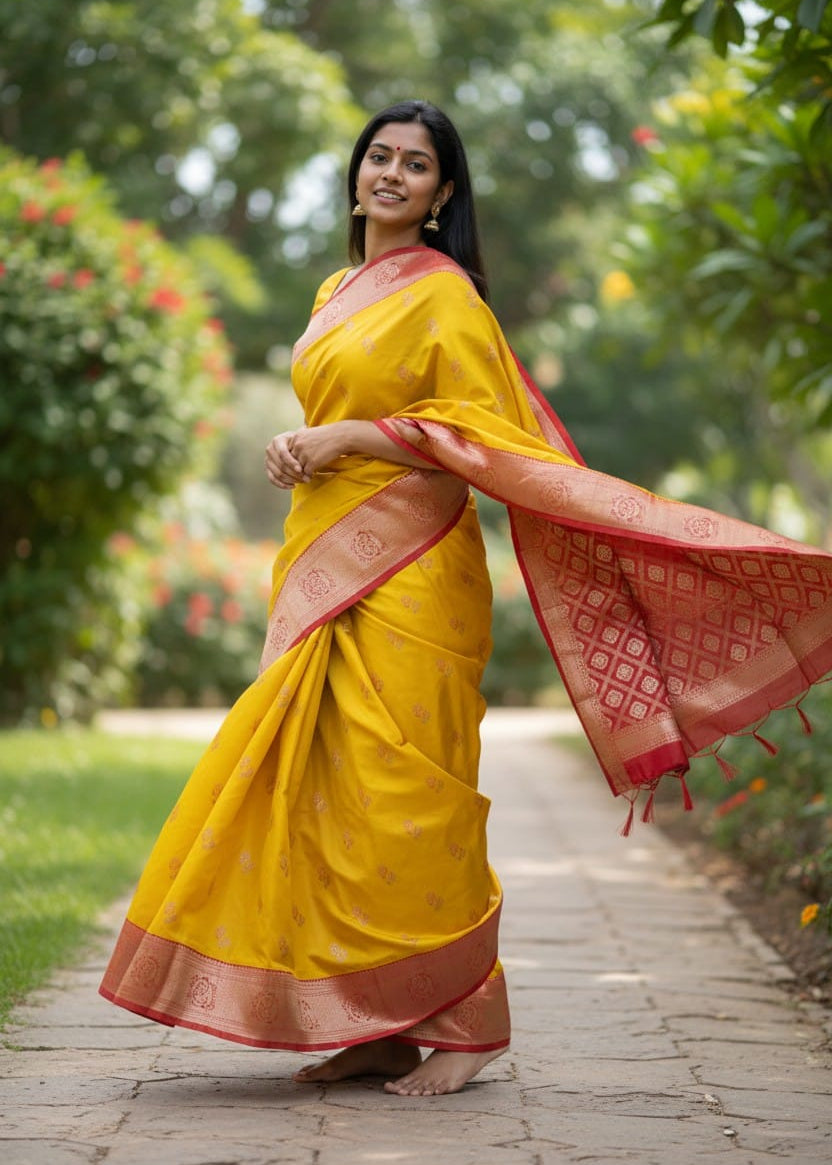 Peetambara Puja Silk Saree - Radiance of Sacred Festivity