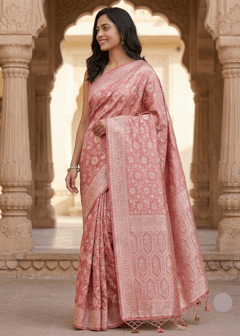 Rose pink Banarasi silk saree with full-body silver zari jaal and tassel hem worn elegantly at heritage monument