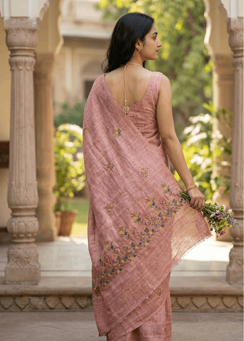 Elegant floral Kantha saree in soft pink with artisan craftsmanship 