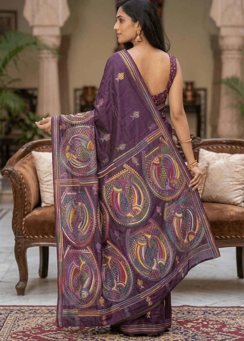 Artistic plum saree with colorful fish motifs and detailed Kantha stitching 
